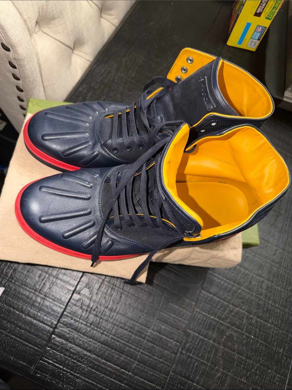 Gucci Navy Blue and Yellow Sneakers with Red Soles - Picture 5 of 6
